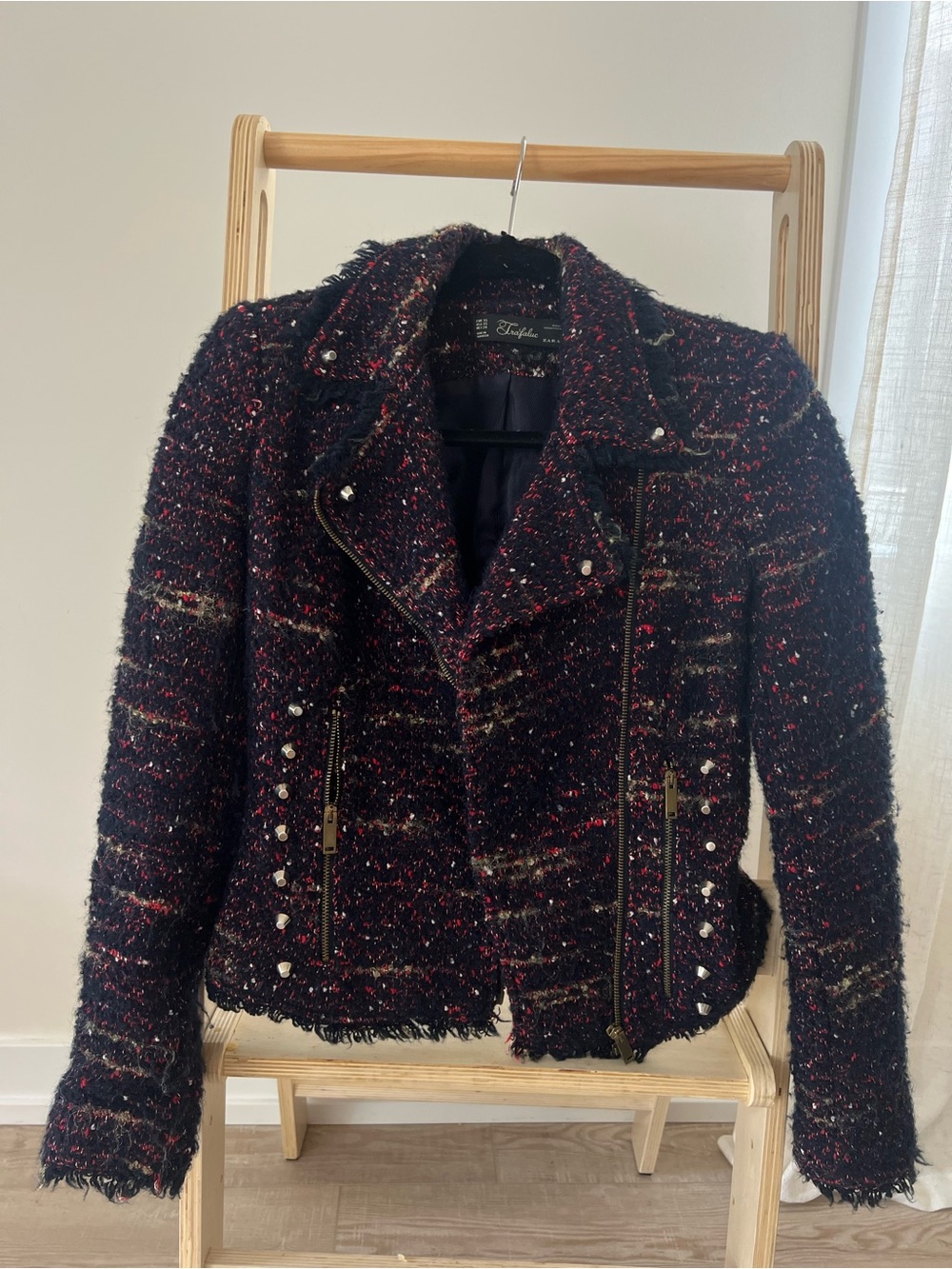 Zara Black Tweed Moto Blazer with Red and Cream Flecks